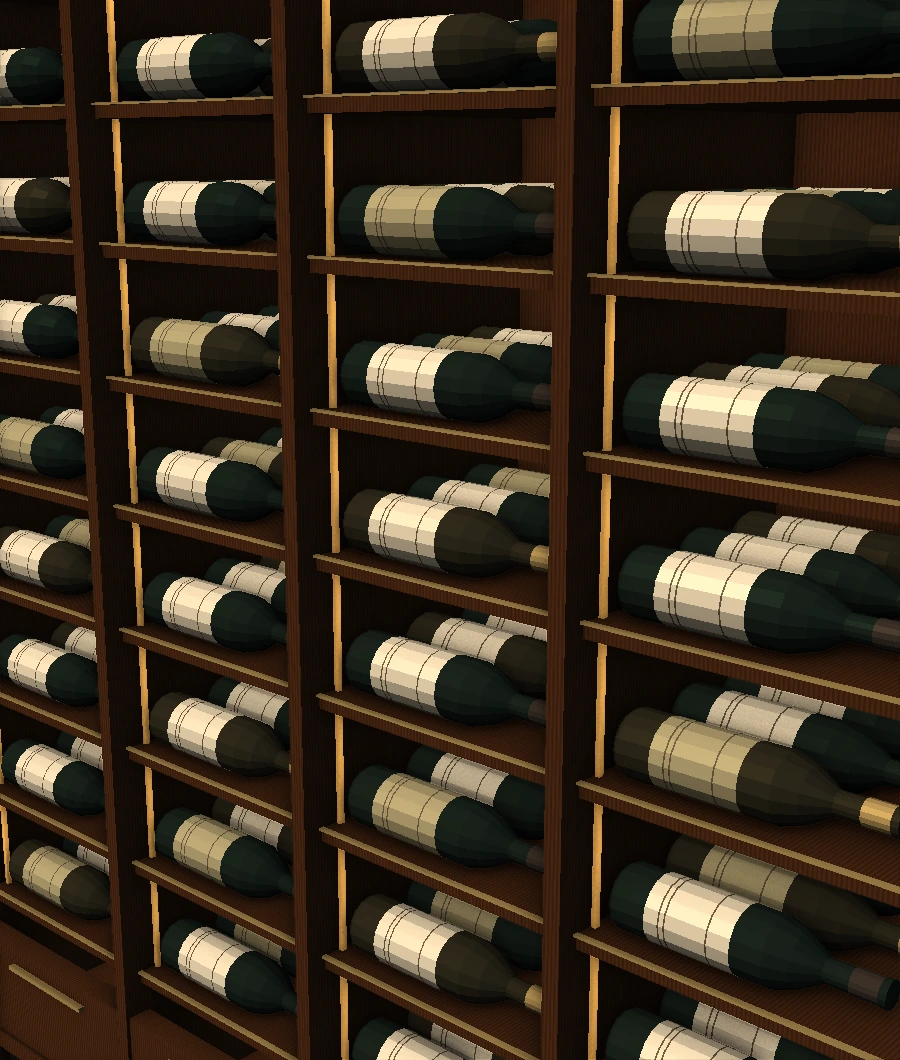 Close architectural detail of oak shelving, brass accents and wine bottles